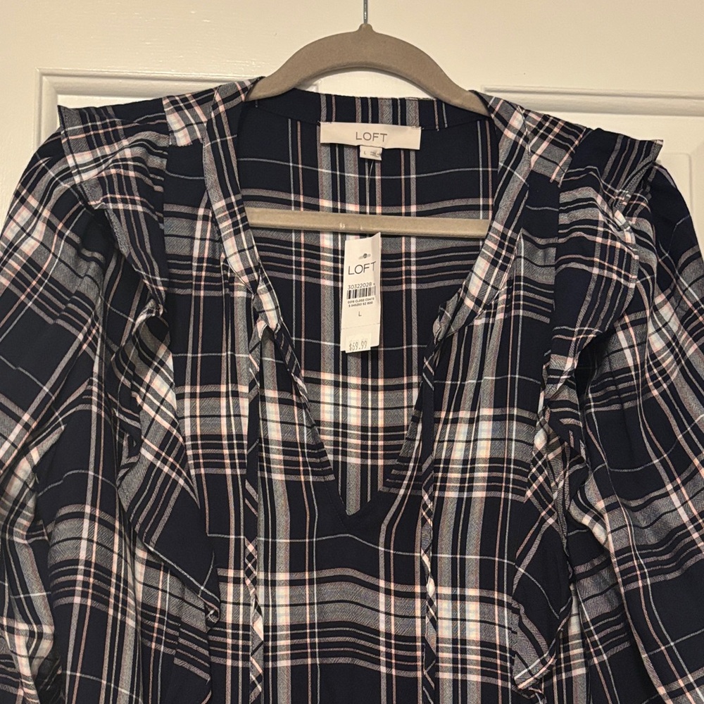 LOFT Navy and Pink Plaid Dress